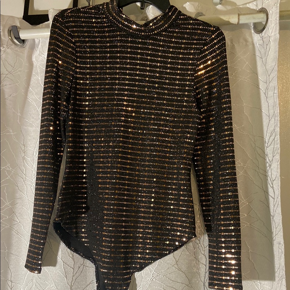 Black and Gold Sequin Long Sleeve Bodysuit with Mandarin Collar